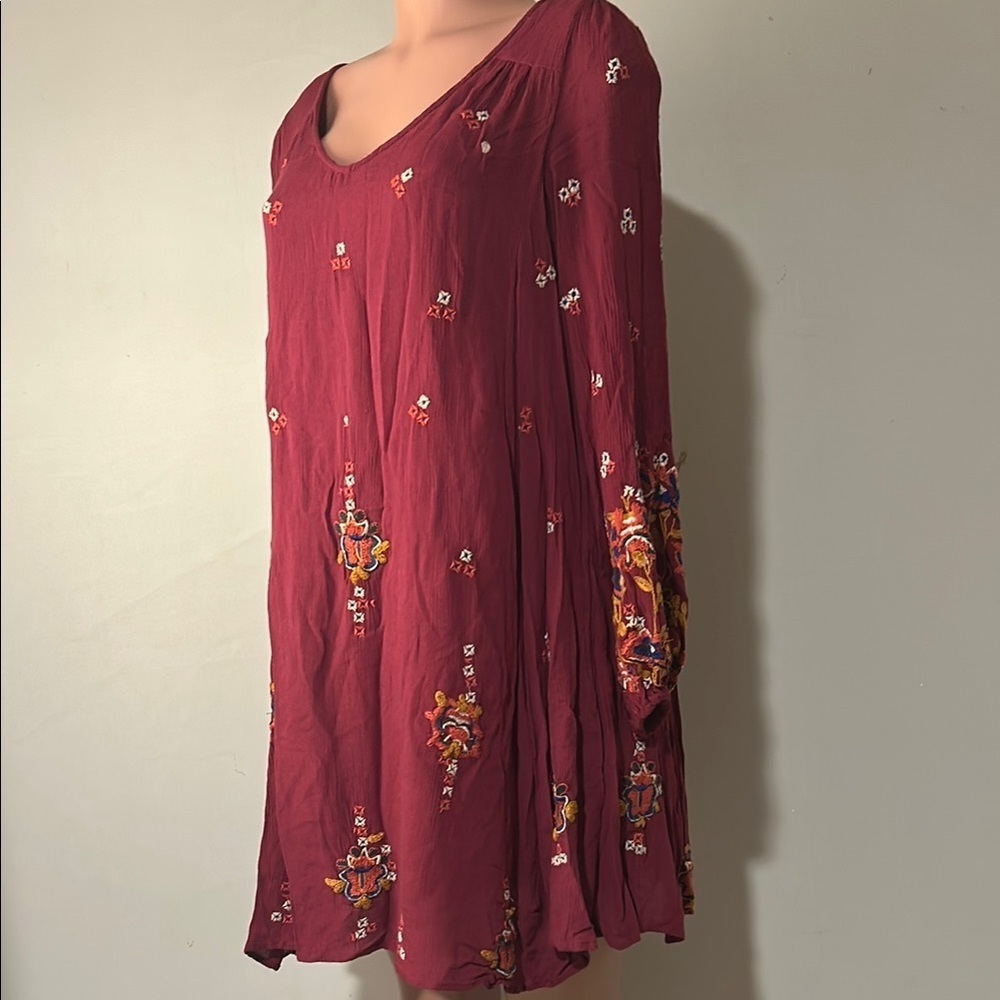 Free People Tunic Dress Boho Embroidered Lined Burgundy Oversized Pockets Sz M - Picture 8 of 15